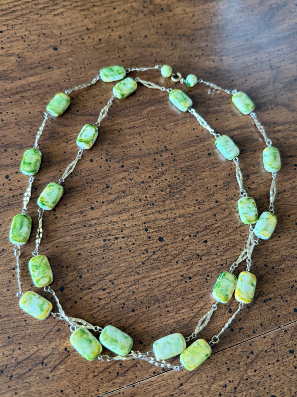 Vintage Green White Orange Marbled Lucite Beaded Gold Tone Necklace 38" Long
